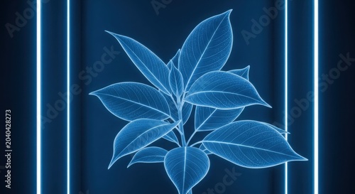 Glowing neon blue plant illustration with vertical light lines on a dark background
