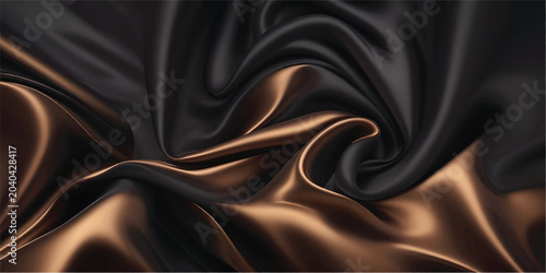 Luxurious background of shimmering copper and black silk fabric. The smooth, elegant folds and rich, metallic texture create a sophisticated and sensual abstract design.