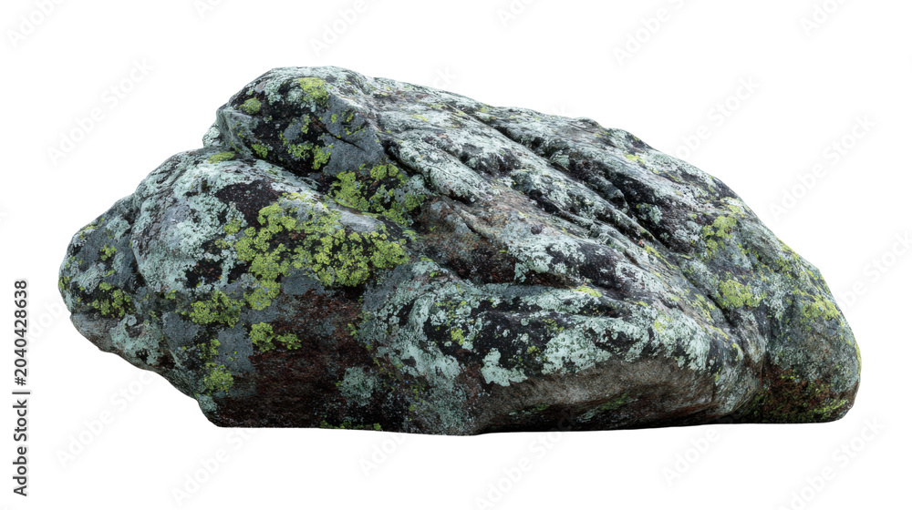 Obraz premium Weathered granite boulder covered with natural lichen and moss detailed rugged stone formation isolated geological element on white background