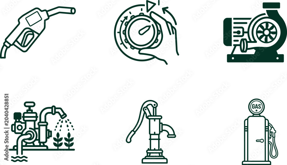 Naklejka premium set of green line icons for fuel pump turbine and water irrigation system
