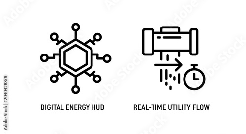 Digital energy hub and real-time utility flow pipe monitoring icons