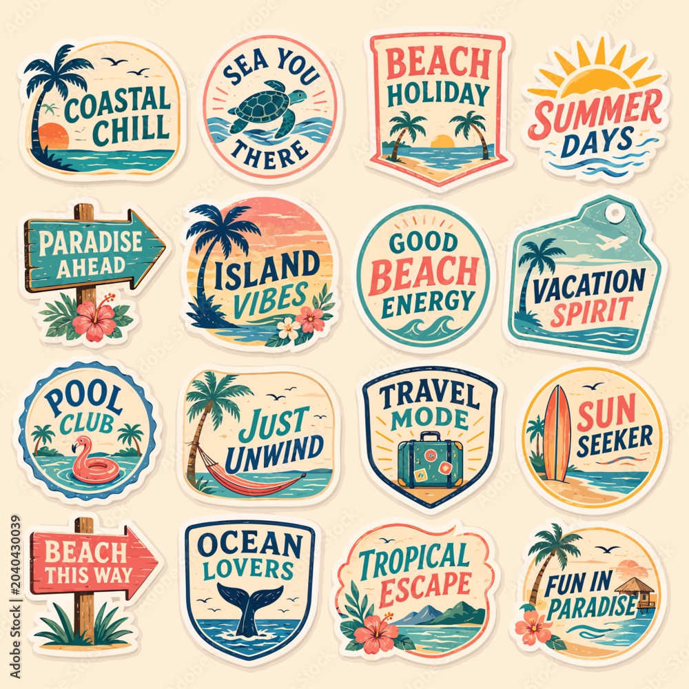 Fototapeta premium A vibrant collection of vintage-style summer and beach-themed stickers and badges featuring tropical elements and vacation slogans.