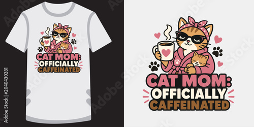 Canvas-taulu Cat mom holding baby kitten and coffee t-shirt design with hearts and paw prints