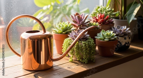 Polished copper watering can and collection of succulents on a wooden windowsill bathed in soft sunlight