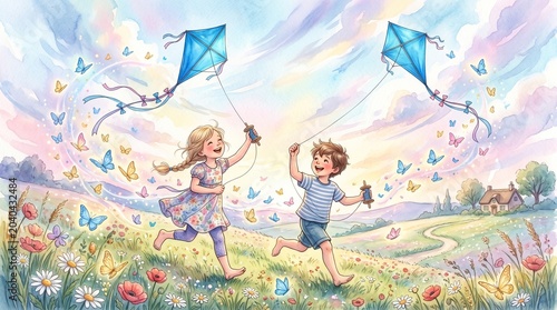 Children Flying Kites in a Sunny Meadow with Butterflies