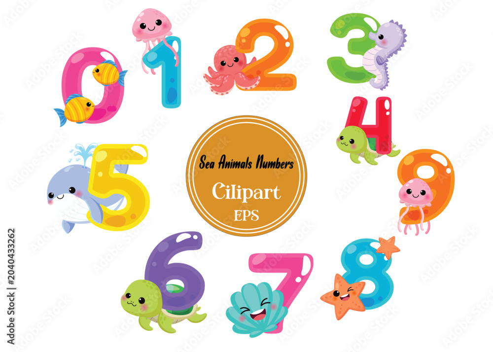 Fototapeta premium Whimsical Sea Animals Numbers 0-9 Vector Clipart Set for Children's Education and Fun Learning - Ocean Creature Themed Numeric Illustrations