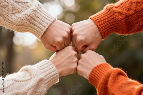 Four Hands in Knit Sweaters Fisting Together Outdoors