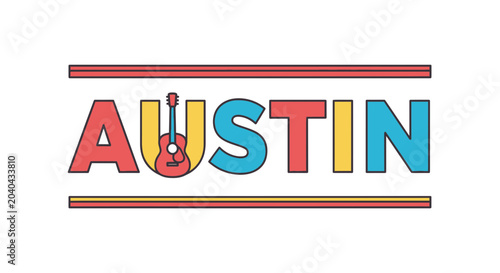 Austin Texas Music City Text Graphic with Guitar Illustration
