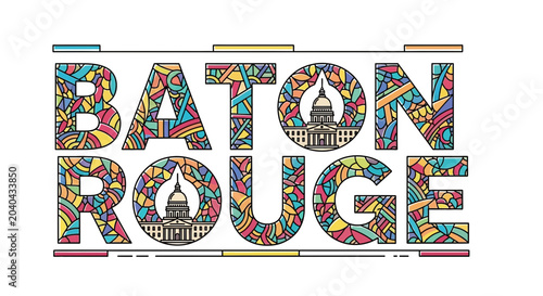 Baton Rouge Text Art: Louisiana State Capitol Building, Colorful Abstract Patterns