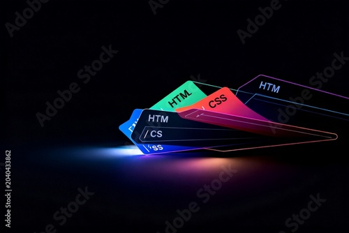 Colorful HTML and CSS Code Cards on Dark Background