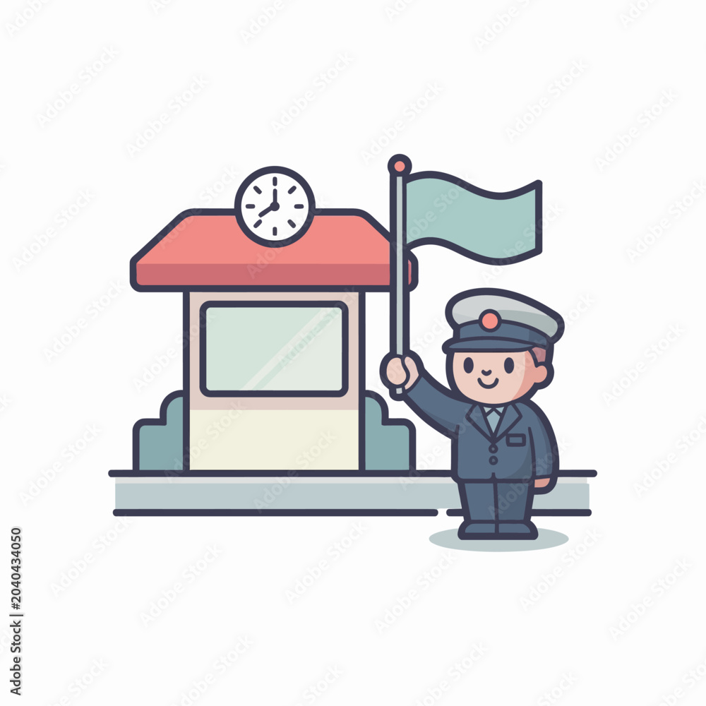 Fotografie Cartoon train station uniformed worker waving.