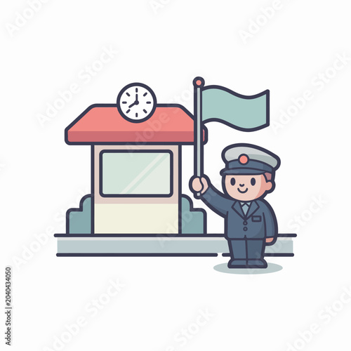 Photos Cartoon train station uniformed worker waving.