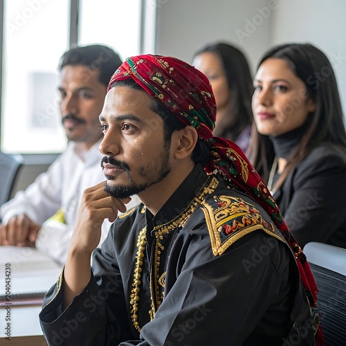 A man in traditional attire sits with colleagues in an office