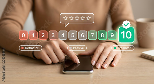 Person rating customer satisfaction with Net Promoter Score 10 on smartphone showing NPS scale detractor passive promoter and five star review for feedback concept