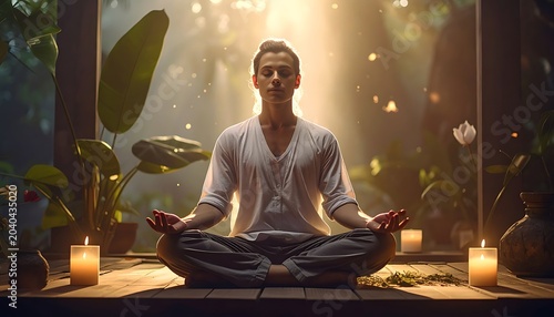 A man in white meditation clothing sits cross-legged in a serene outdoor setting