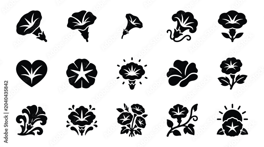 Obraz premium Collection of stylized black and white icons representing morning glory flowers and leaves in various forms.