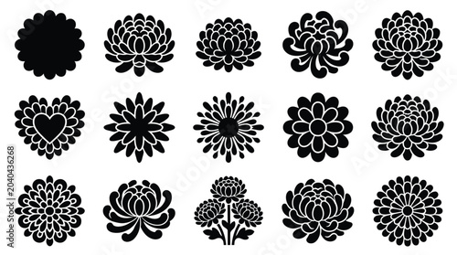 Schilderij op canvas Collection of black and white stylized chrysanthemum flower icons and silhouettes