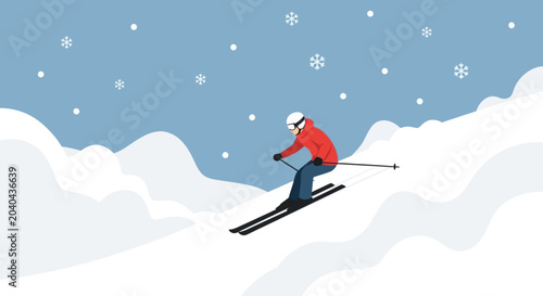 Foto Flat design skier in red jacket descending snowy slope with snowflakes falling