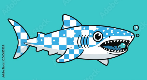 Cartoon shark with checkerboard pattern and bubbles, graphic element