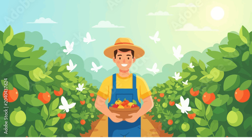 Farmer holding basket of fruit in orchard with sun and birds, flat vector illustration