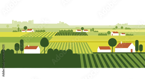 Flat design rural landscape with farms, fields, and trees, vector illustration