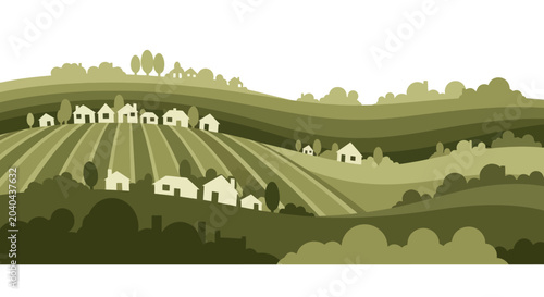 Stylized rural landscape with rolling hills, houses, and trees in a limited color palette.