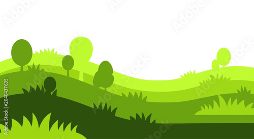 Green rolling hills with trees and grass, flat design landscape illustration