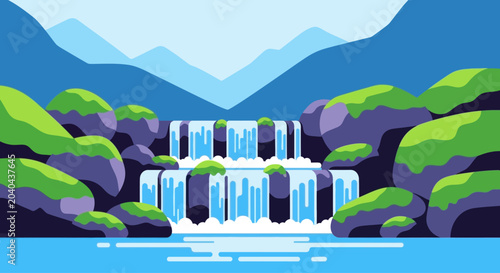 Vibrant waterfall cascading over mossy rocks with distant blue mountains, flat graphic illustration style.