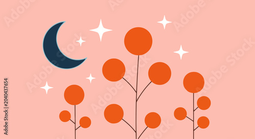 Flat design nature scene with stylized trees, crescent moon, and stars on a pink background