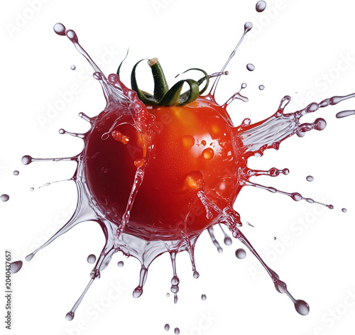 Whole red cherry tomato dynamic water splash transparent background