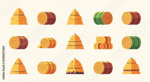 Collection of hay bale illustrations in flat design style, isolated on light background