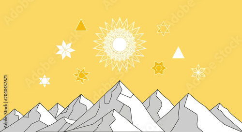 Stylized mountain range with sun and geometric shapes, flat vector illustration