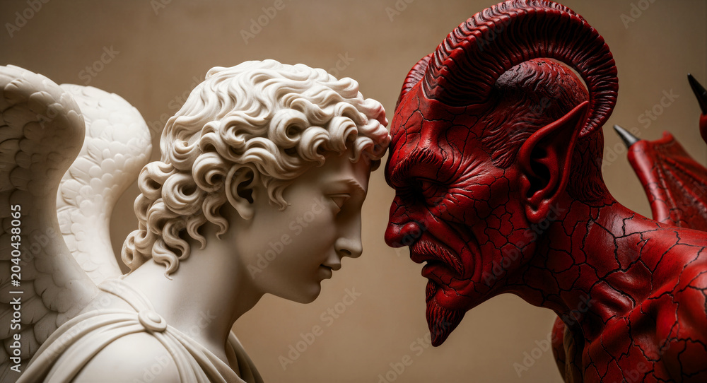 Obraz premium White marble angel and red cracked demon statue facing each other. Classical sculpture style showing a direct confrontation between good and evil. Moral duality concept for spiritual storytelling.