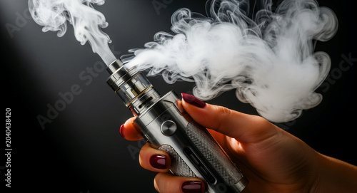 Woman's hand holding an electronic cigarette mod with thick white vapor clouds. Close-up of a high-tech vaporizer device against a dark background. Smoking alternative concept for lifestyle blogs.