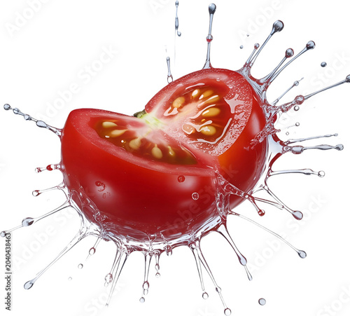 Fresh tomato half cut with water splash isolated image
