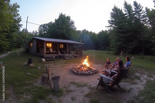 Family gathers around a cozy campfire outside a rustic cabin at twilight
