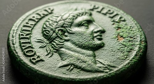 Ancient Roman Coin with Emperor Portrait, Macro Shot