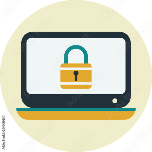 Computer laptop icon with a security padlock on screen for digital safety and data protection