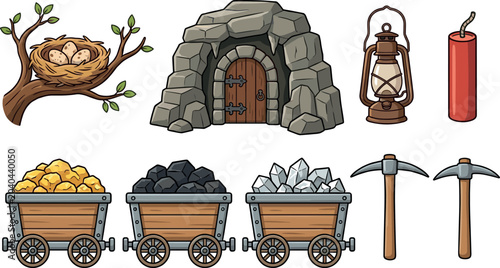 Tableau sur toile Mining and Underground Exploration Cartoon Icon Set Featuring Stone Cave Entranc