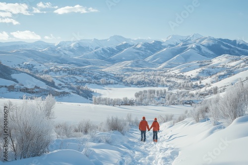 Couple holding hands walking in snowy mountain landscape