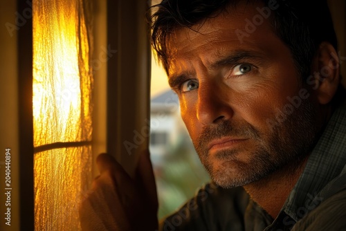 Concerned Man Watches Storm Approach From Window