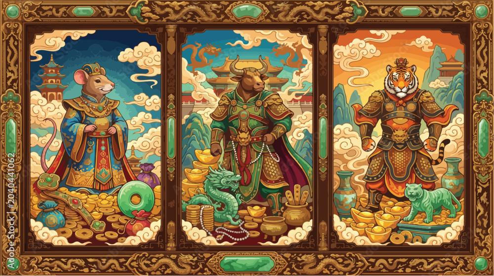 Fototapeta premium Three traditional chinese zodiac animals depicted in ornate golden frames with vibrant colors and rich details