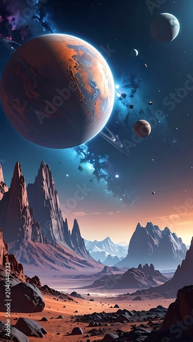 Fantasy landscape with planets and mountains.