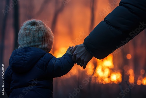 Child holding parent's hand escaping wildfire with glowing orange light