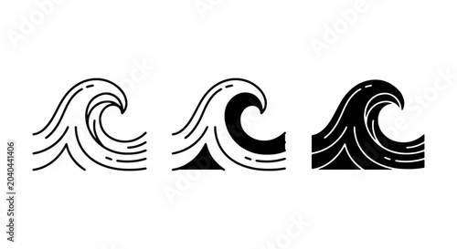 Photos Ocean Wave Icons Set, Stylized Sea Swells, Marine Water Symbol Collection, Nauti