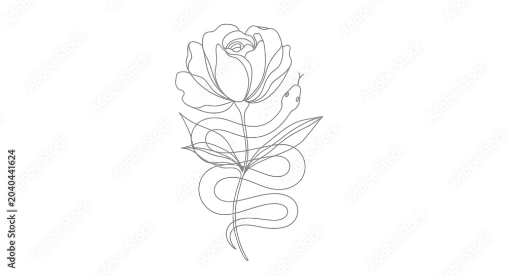 Obraz premium Elegant line drawing of a single rose with stem and leaves in botanical illustration style.