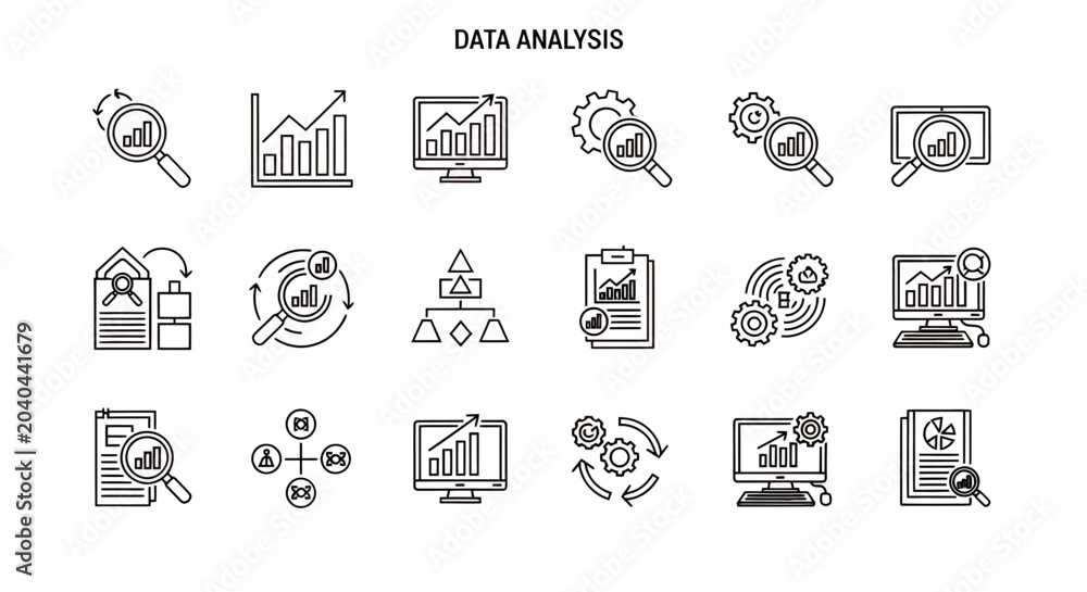 Fototapeta premium Collection of data analysis and analytics icons for dashboards and reporting visuals.