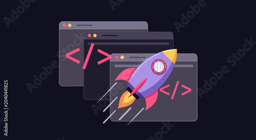 Futuristic rocket launch emerging from overlapping code windows depicting software development and innovation.