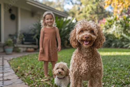 A Family Dog Standing Guard Over Children in a Sunny Backyard