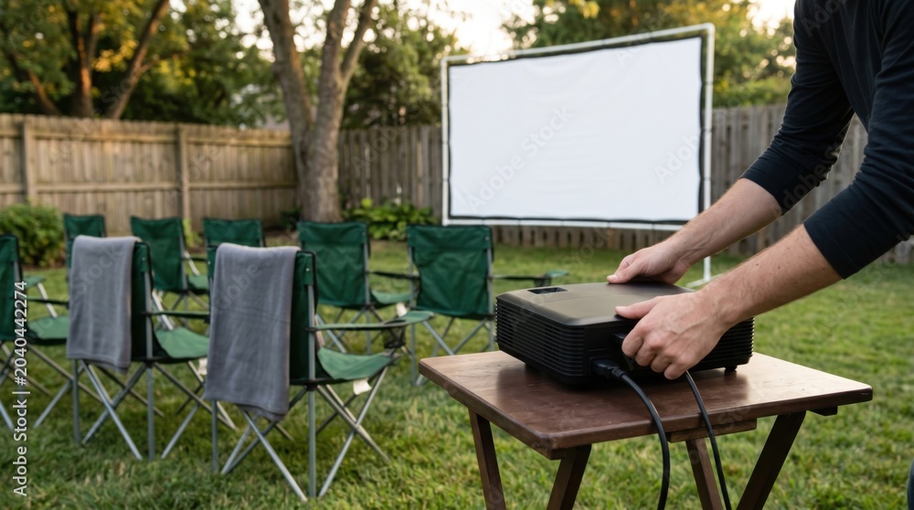 Fototapeta premium Backyard movie night setup with man adjusting projector and chairs for outdoor cinema, ideal for summer lifestyle blog, event planning, and family entertainment marketing